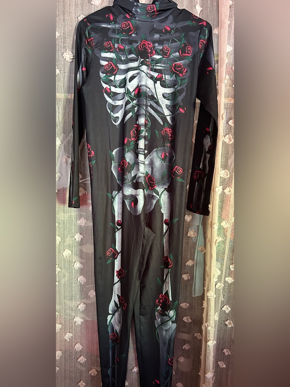 Black Skeleton & Red Rose Print Bodysuit never worn